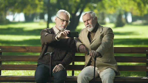 Two Senior Males Sitting in Park and Talking With Friend by Web Camera on Phone alt