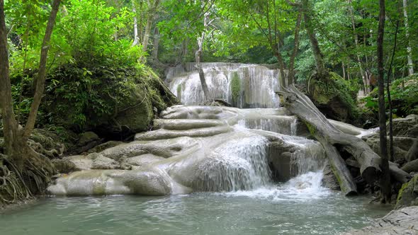 Erawan waterfall level two in National Park, famous tourist destination in Kanchanaburi, Thailand.