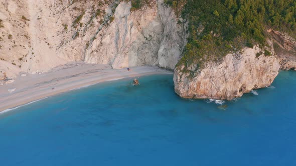 Aerial Tilt Down Movement of Beautiful Milos Beach of Lefkada Ionian Island Greece