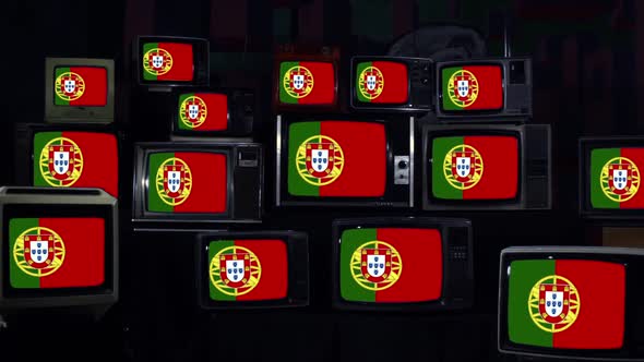 Stack of Retro TVs Showing Portugal Flag alt