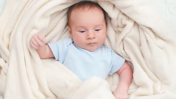 Above View on Adorable Newborn Baby Covered in Soft Blanket Lying in Crib alt