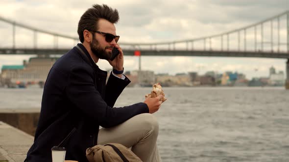 Busy Businessman Lunch Eating Sandwich. Manager Taking Break  Work. Eat Snack In Taking Brake Time. alt