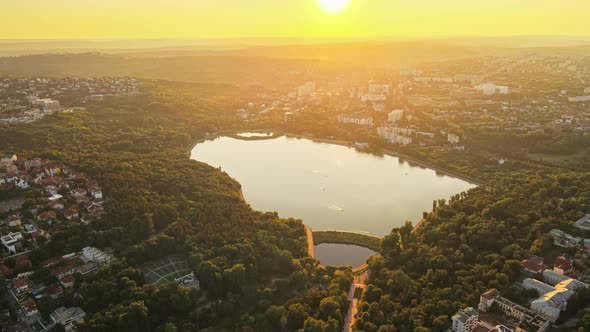 Aerial drone view of Valea Morilor park at sunset alt