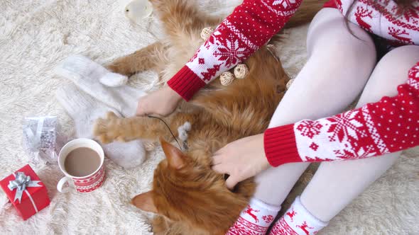 Girl Relaxing and Playing with Cat on Fluffy Floor Between Christmas Decorations
