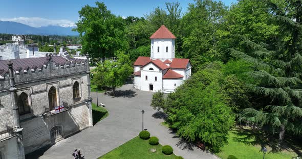 Zugdidi, Georgia - May 30 2022: Aerial view of Dadiani Palace in the center of Zugdidi city alt