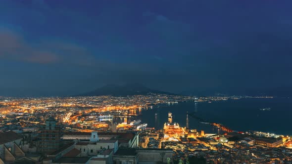 Naples, Italy 4K Top View Skyline Cityscape In Evening Lighting. Tyrrhenian Sea And Landscape