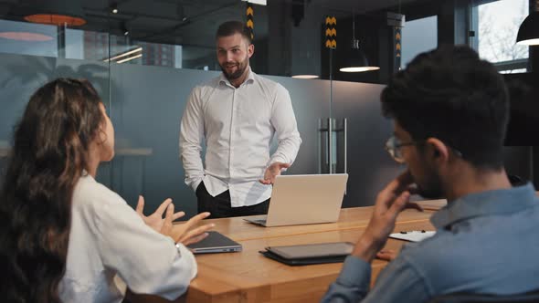 Confident Employee Salesman Convincing Buyers Investors Businessman Emotionally Discussing Project alt