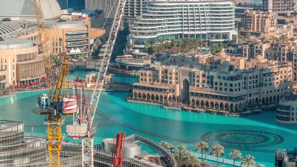 Unique View of Dubai Fountains Pool at Evening Timelapse alt