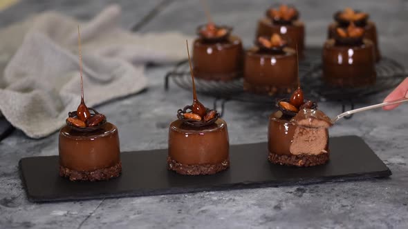 Mini Mousse Pastry Dessert Covered with Chocolate Mirror Glaze