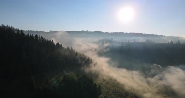 The Sun's Rays Covered The Carpathian Mountains. The Fog Dissipates