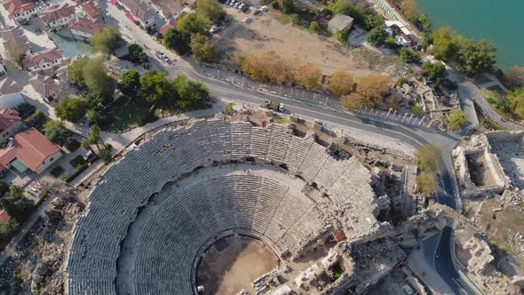 Top Aerial View of Ancient Roman Architecture Ruins in Side Turkey alt