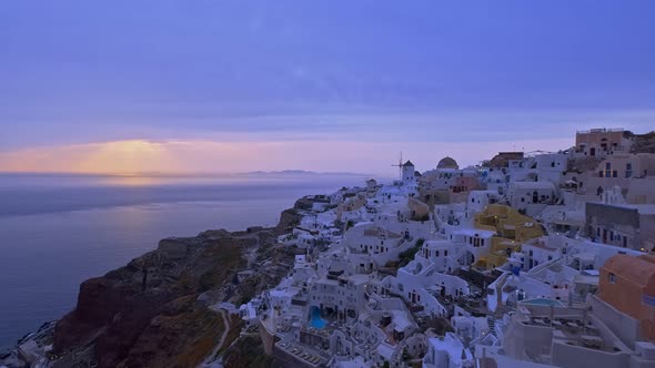 Oia Village in Santorini, Greece, at Sunset - Panning 