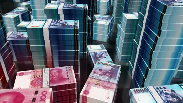 3d flight over Taiwan Dollar and Chines Yuan money banknote packs loop alt