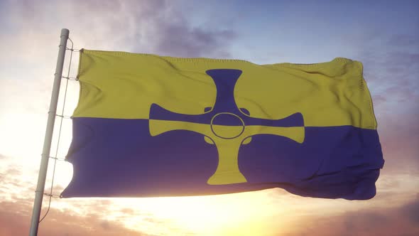 County Durham flag, England, waving in the wind, sky and sun background alt