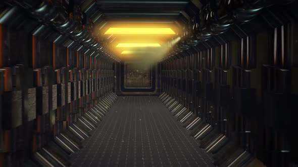 Long straight empty enclosed corridor. Dark industrial hallway in the spacecraft alt