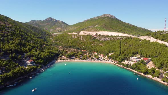 Aerial Of Beach Prapratno Surrounded By Forest Mountains On Peljesac Peninsula In Southern Dalmatia, alt