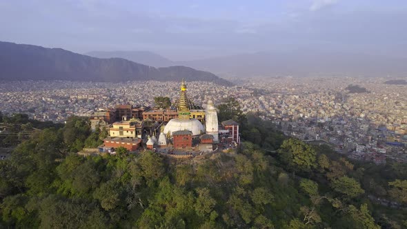 Aerial view circling around Swayambhunath Stupa alt