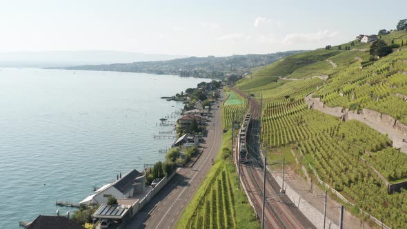 Aerial of train driving through beautiful Swiss landscape with hills and a large lake alt