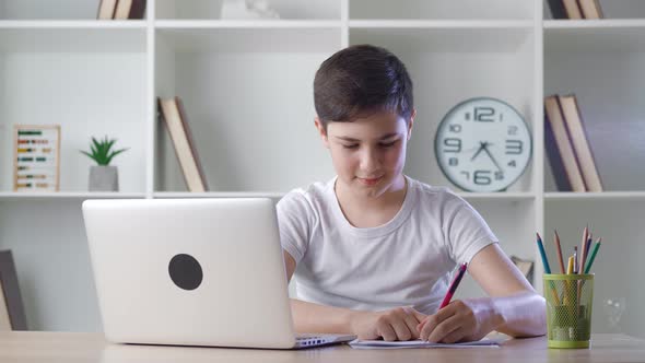 Pre Teen Handsome Boy Pupil Attending to Home Online School Class on His Computer Laptop Because of alt