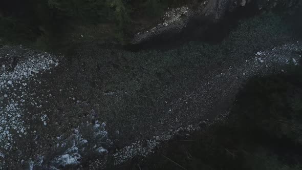 Aerial top-down rising over waters of Bialka river. Poland alt