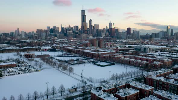 Aerial View of Snowy Downtown Chicago alt