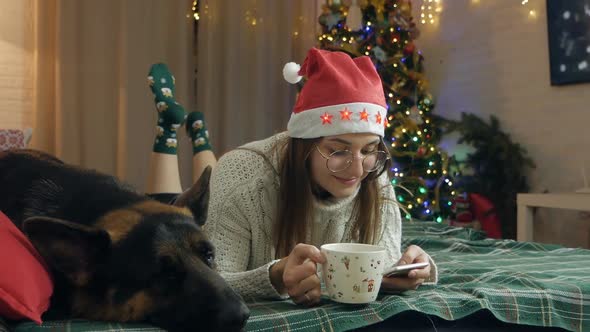 A Woman Lies on the Couch Near the New Year Tree and Looks at the Phone Screen Drinks Coffee