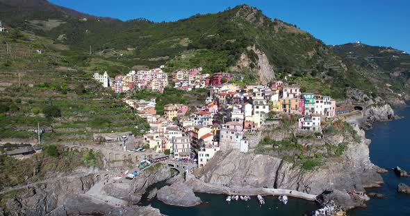 Drone Footage Of Manarola In Cinque Terre, Italy. Scenic Town On Mountain. alt