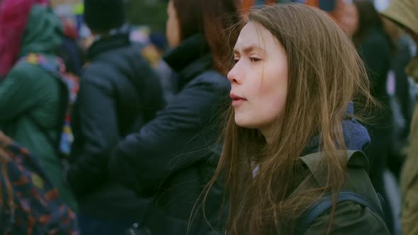 Girl with Megaphone Walk Scream. Woman Shout Loudspeaker. Fight Protest Strike. alt