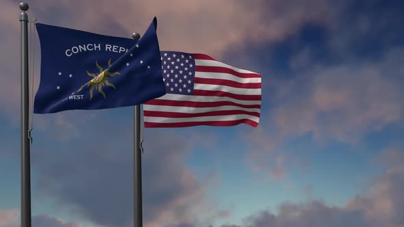 Key West City Flag Waving Along With The National Flag Of The USA - 4K alt