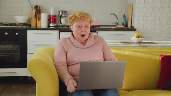 Elderly Woman Sitting on the Couch in the Living Room Has the Laptop in Her Hand alt