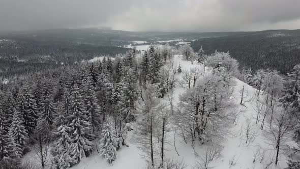 Aerial view of winter mountain peak. Aerial view of winter forest.  alt