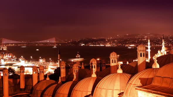 Night Bosphorus Strait, Galata Bridge and Bosphorus Bridge
