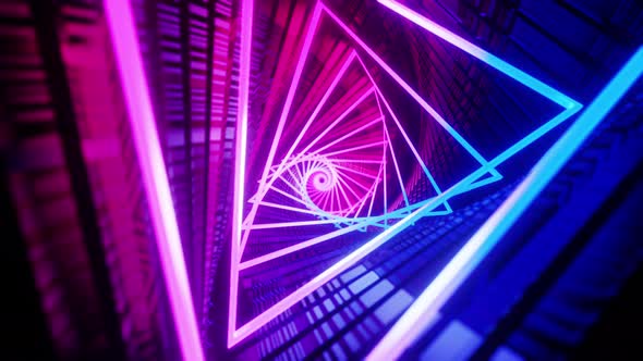Flying through a triangular tunnel with neon lights alt