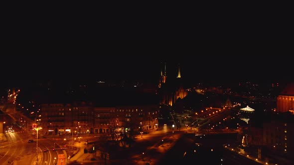 Cityscape of Night Wroclaw Panorama in Poland Aerial View alt