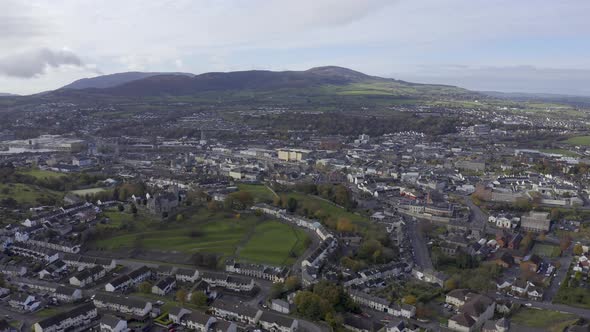 Aerial flyover of Newry city in Northern Ireland alt