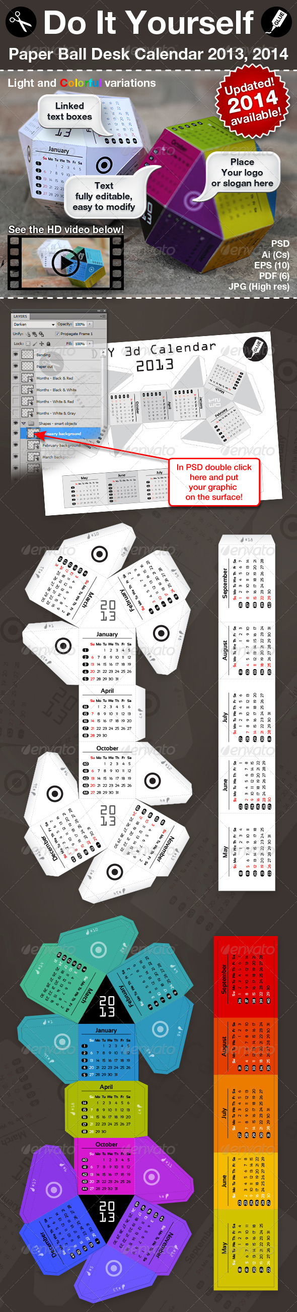 3d DIY Paper Ball Calendar - 2013, 2014 - Calendars Stationery