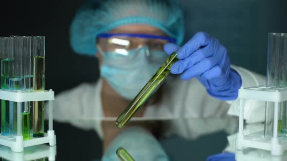 Biologist Analyzing Green Plant Sample, Organic Extraction Method, Botany alt