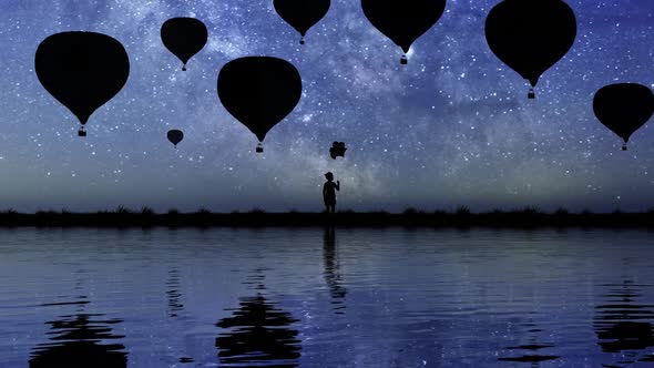 The Child Holding Balloons and Colorful Hot Air Balloons In Background Ver.3 alt