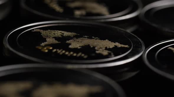 Rotating shot of Bitcoins  alt