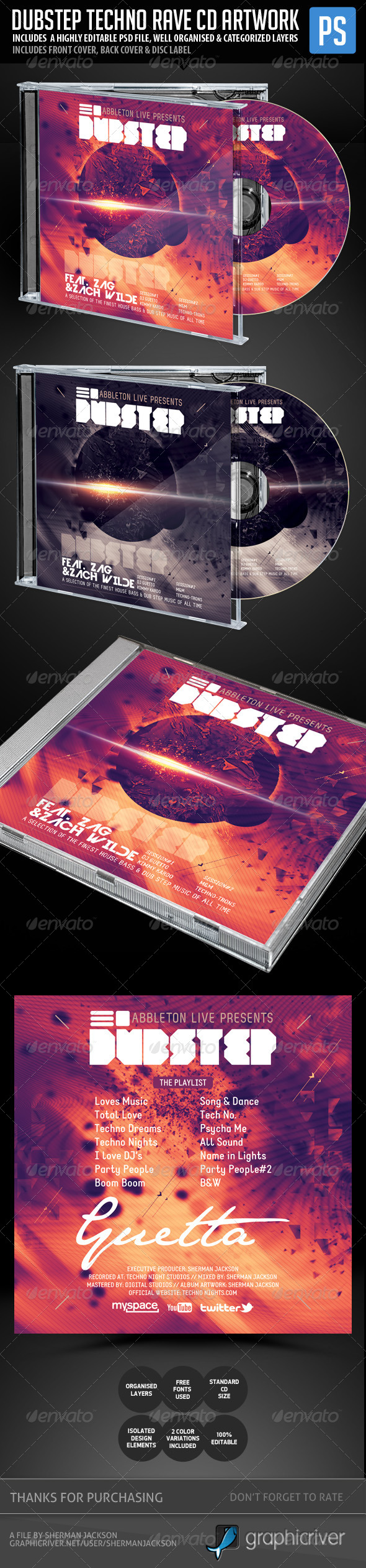 Dubstep, Techno, Rave CD Template - CD & DVD Artwork Print Templates
