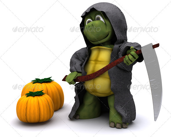Halloween image of a Turtle reaper with pumpkins
