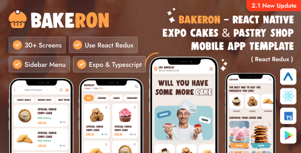 BakeRon - React Native Expo Cakes & Pastry Shop Mobile App Template