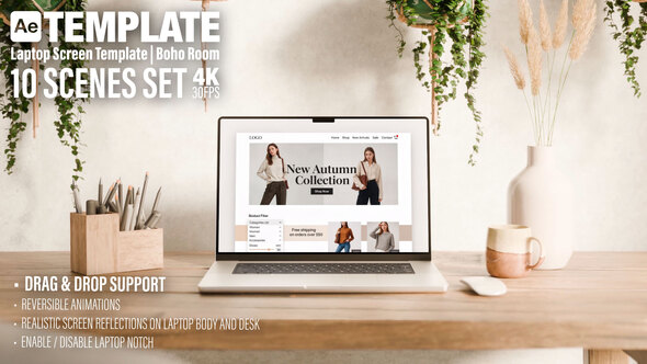 Laptop Screen Mockup | After Effects Template | Boho Rustical Room | 10 Scenes Set Product Promo template preview