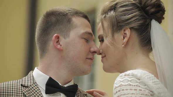 Newlyweds. Caucasian Groom with Bride Making a Kiss. Wedding Couple. Man and Woman in Love alt