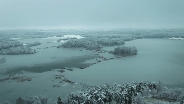 Aerial Panorama Of Mystic Winter Nature In Lithuania