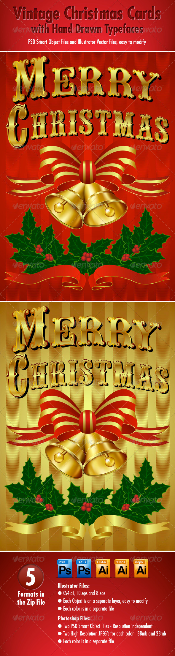 2 Vintage Christmas Cards - Hand Drawn Typefaces - Conceptual Vectors