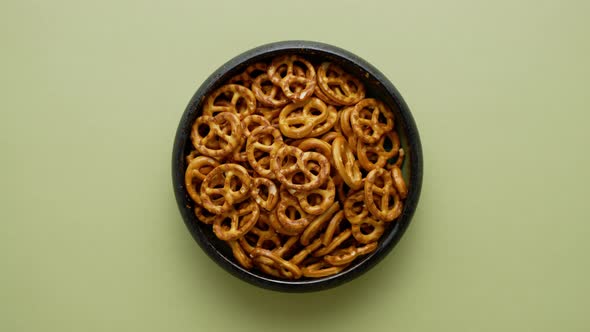 Top View of Bowl with Salty Pretzels