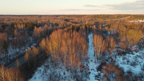 Beautiful Snowy Winter Landscape with Trees at Sunset Aerial View alt