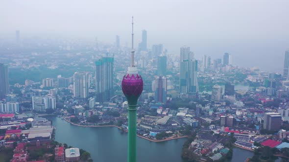 Aerial view of Lotus Tower in Colombo downtown, Sri Lanka. alt