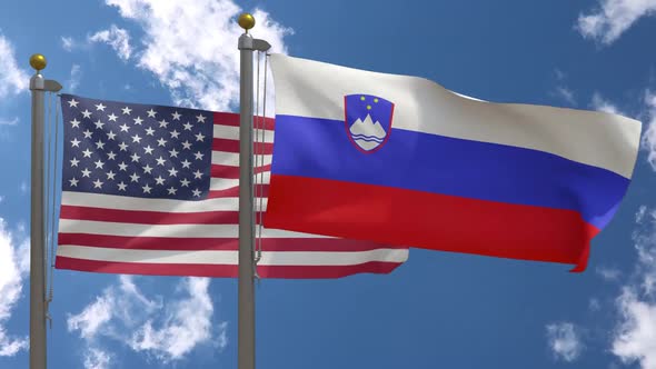 Usa Flag Vs Slovenia Flag On Flagpole alt